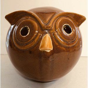 Large Round Owl Ceramic Brown Gold Money Coin Bank
